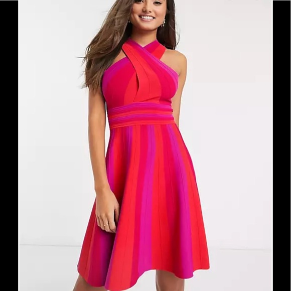 Kilyiee knitted crossover dress in bright pink. - Picture 1 of 7